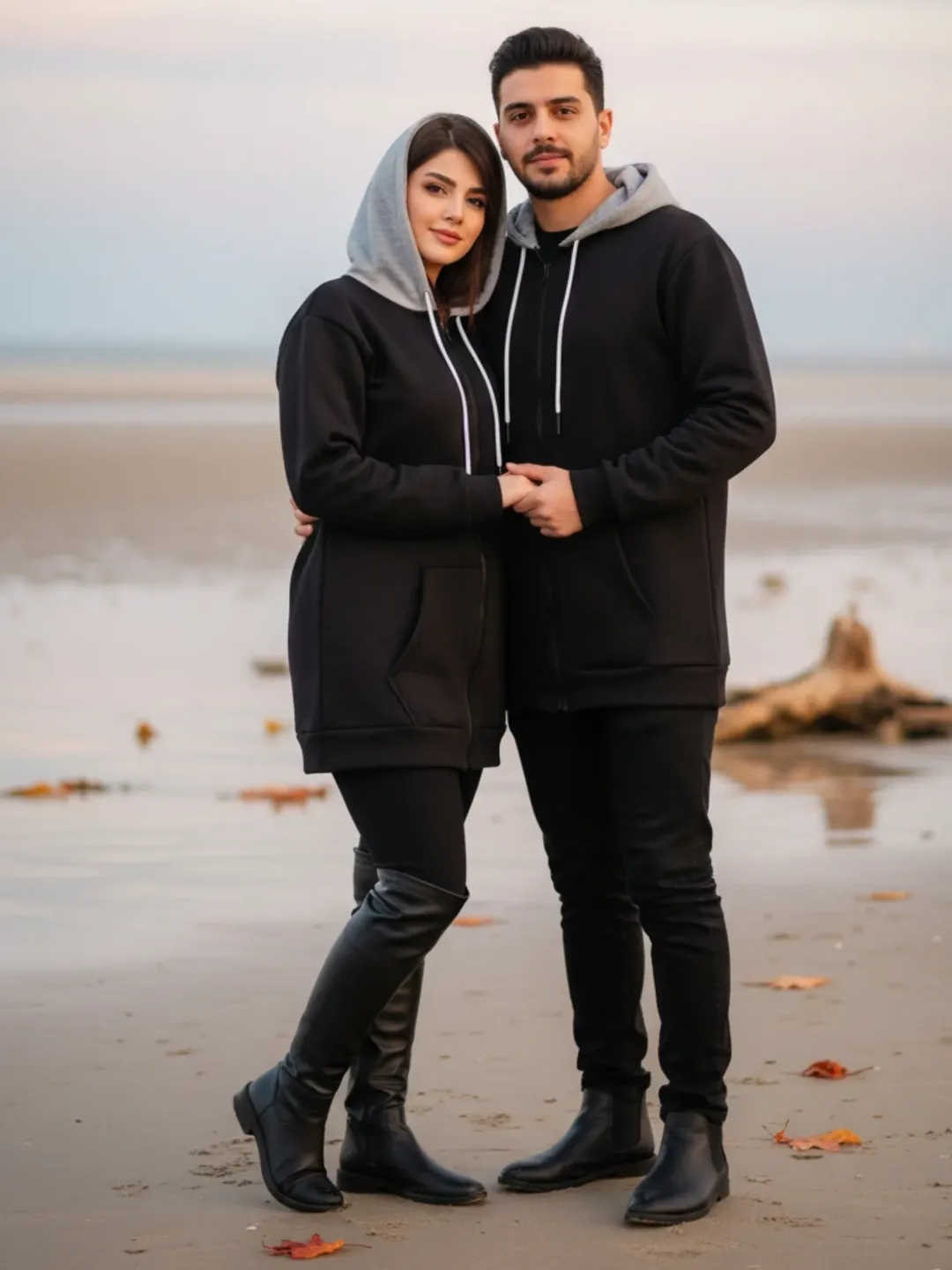 سویشرت دورس کلاهدار مشکی–طوسی